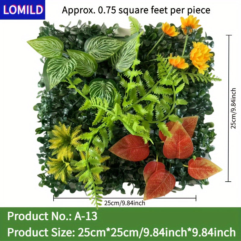 One piece of LOMILD Imitation Milan Mixed Green Plants in various styles with flower and grass skin. Ideal for outdoor wall, wedding, and festival decorations. Also suitable for tying