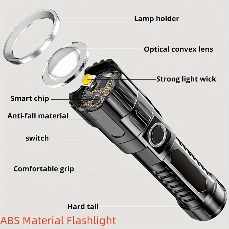 1pc USB-rechargeable handheld flashlight with wide zoom beam for outdoor, exploration, and work lighting.