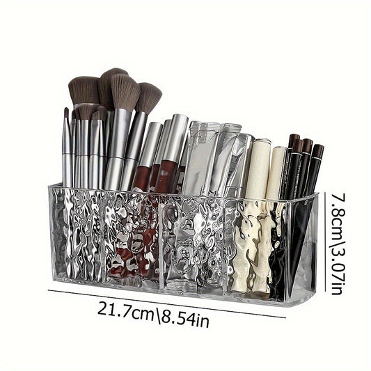 Clear PET Makeup Organizer with 4 compartments for brushes, lipsticks, and accessories, ideal for storage.