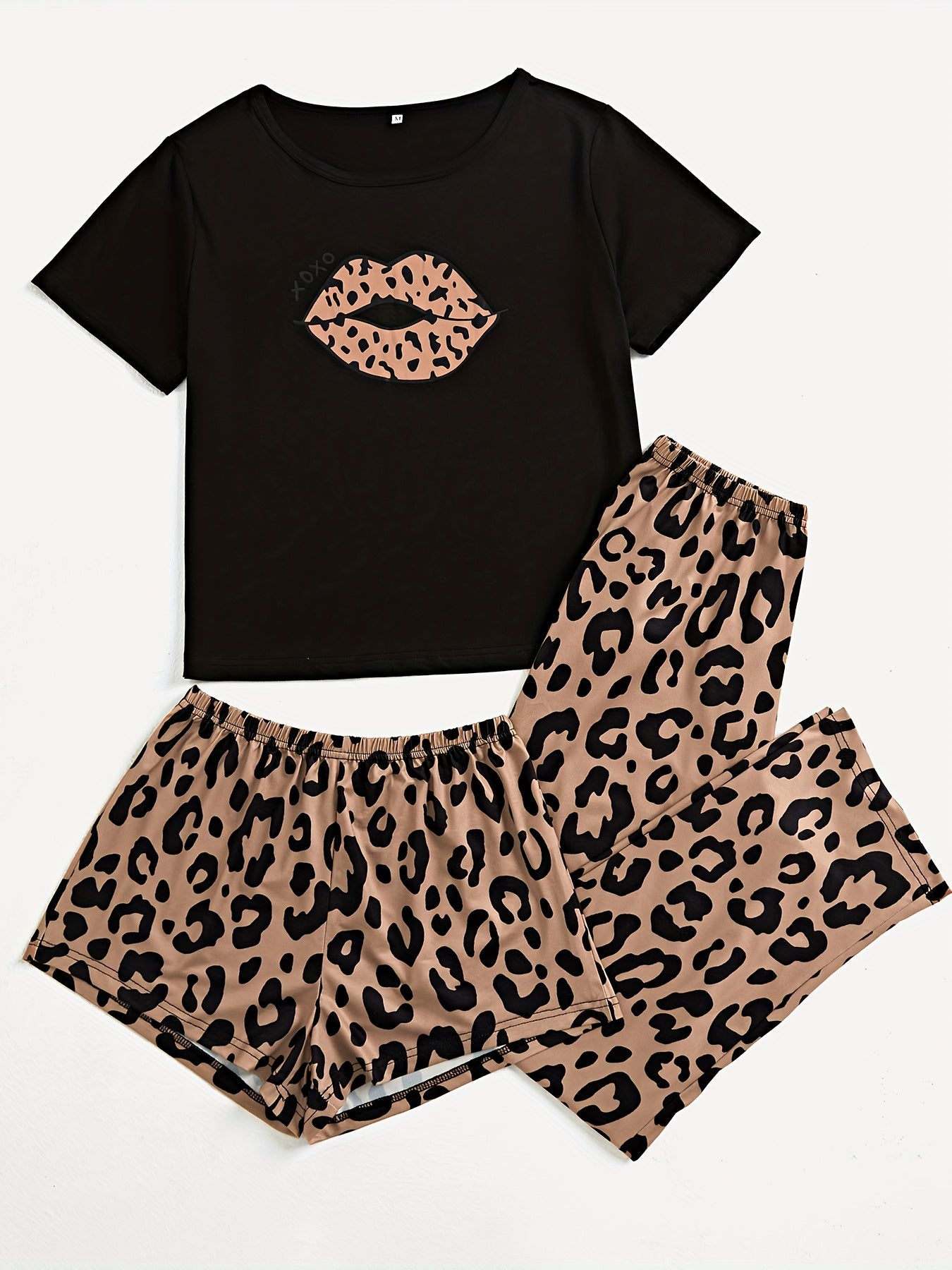 3pc Lips & Leopard Print Pajama Set for Women: Short Sleeve Top, Shorts, and Long Pants with Slight Stretch, Breathable and Comfortable Loungewear for Sleep.