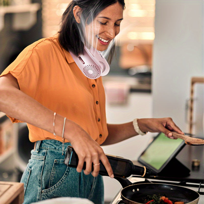 Stay cool and comfortable on the go with the Portable Neck Fan. This rechargeable personal cooler features a digital display and three adjustable speeds for custom cooling. With a polished plastic finish and push button control, it's perfect for indoor