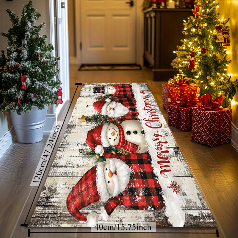 Christmas plush rug featuring Santa and a snowman, with a weight of 930gsm and a thickness of 5mm. Includes non-slip backing and is machine washable. Suitable for use in the living room, bedroom, kitchen, and for indoor/outdoor use.