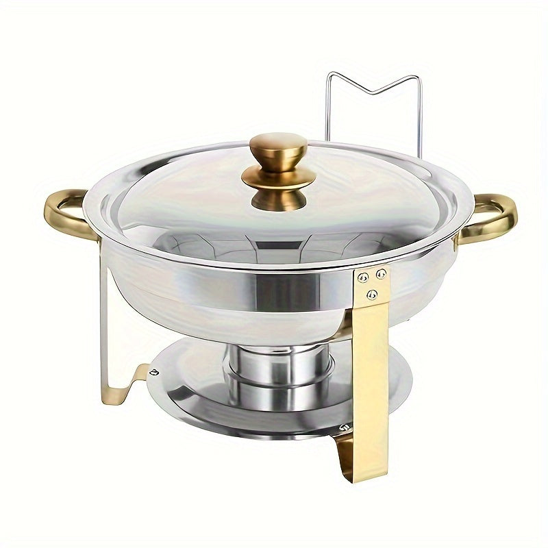 Keep your dishes warm with this stainless steel buffet warmer set, complete with detachable chafing dish, lid, and fuel stand. Ideal for family gatherings, outdoor camping, and holiday parties. This set includes a water pot and makes the perfect