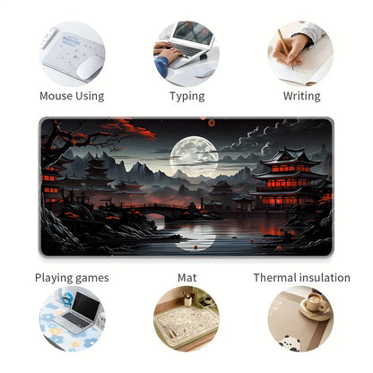 XL Japanese Fantasy Desk Mat - For gaming and workstations, non-slip, stitched edges, full-desk coverage, waterproof, laptop support, playmat.