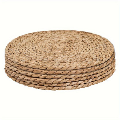 Hand-made set of 6 round rattan placemats for dining and weddings, made from natural water hyacinth.