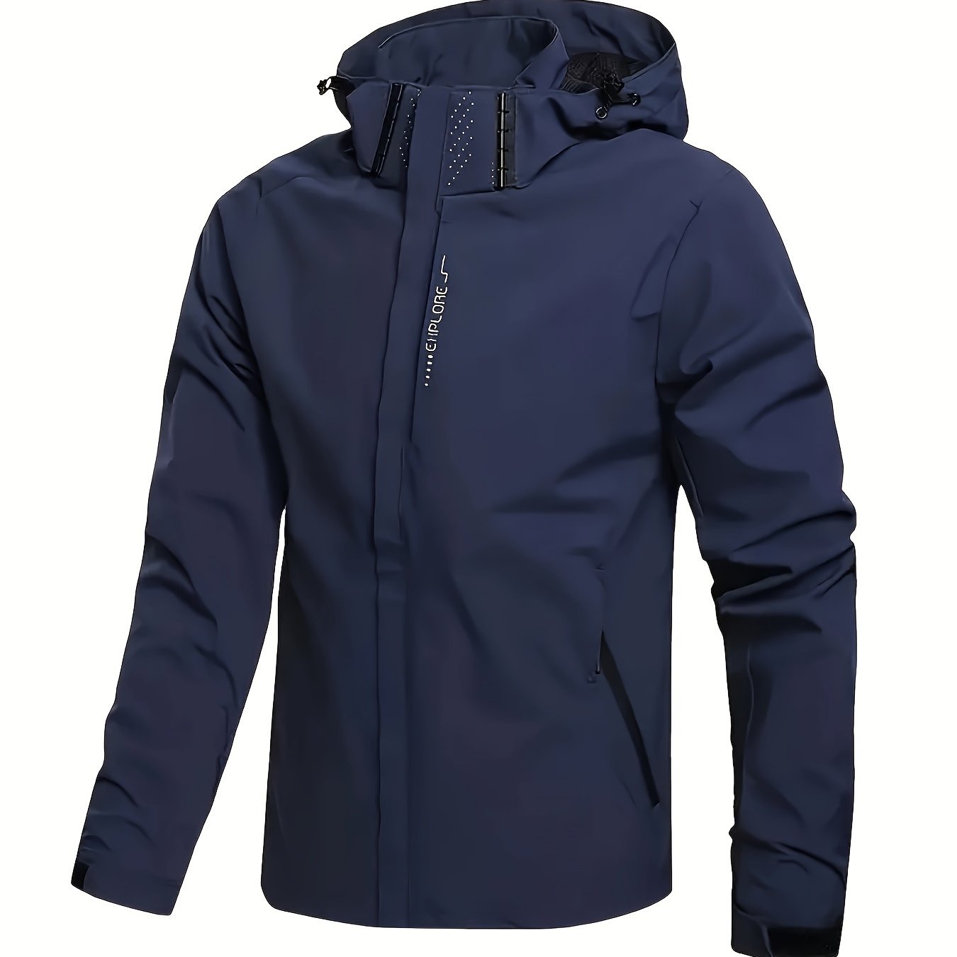 Men's casual windbreaker jacket made of 100% polyester with an alphabet pattern, zippered pockets, and detachable hood for all-season outdoor wear.