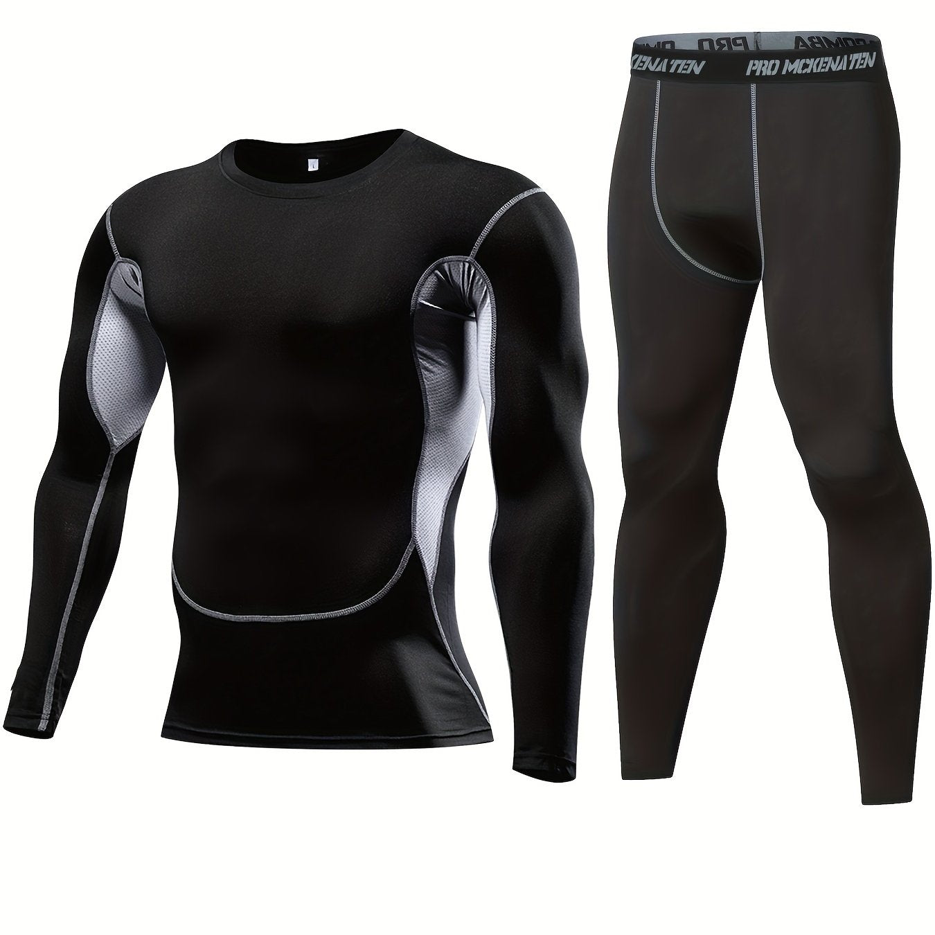 Men's tight sportswear set for gym workouts and running, featuring breathable long sleeve shirts and indoor workout pants.