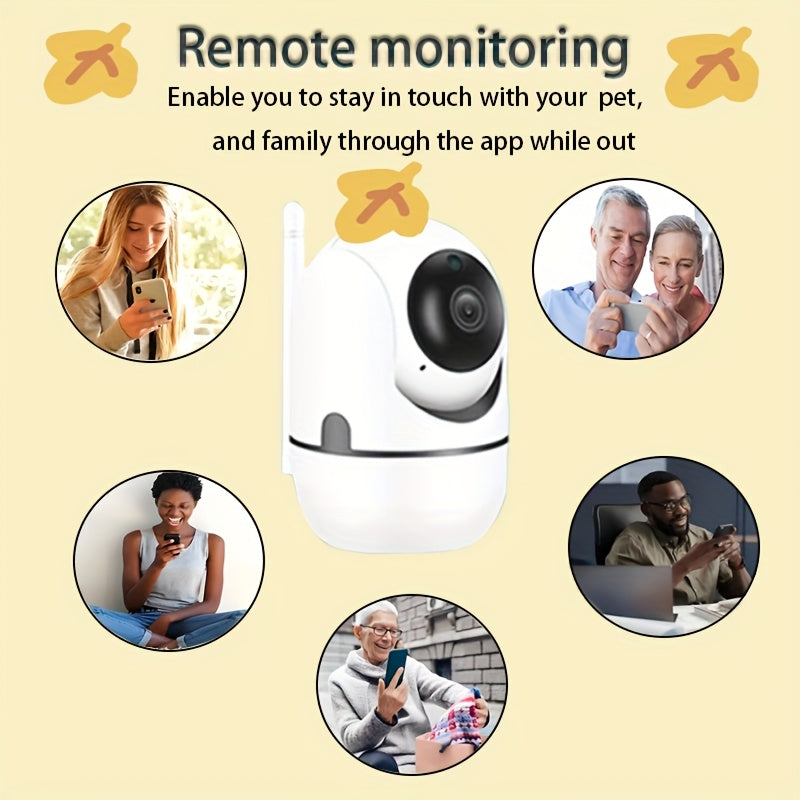 WiFi-enabled home security camera with 1080p resolution, infrared night vision, motion detection alerts, two-way audio, wireless surveillance capabilities, USB power option, and pan/tilt control. Compatible with mobile devices (SD card not included).