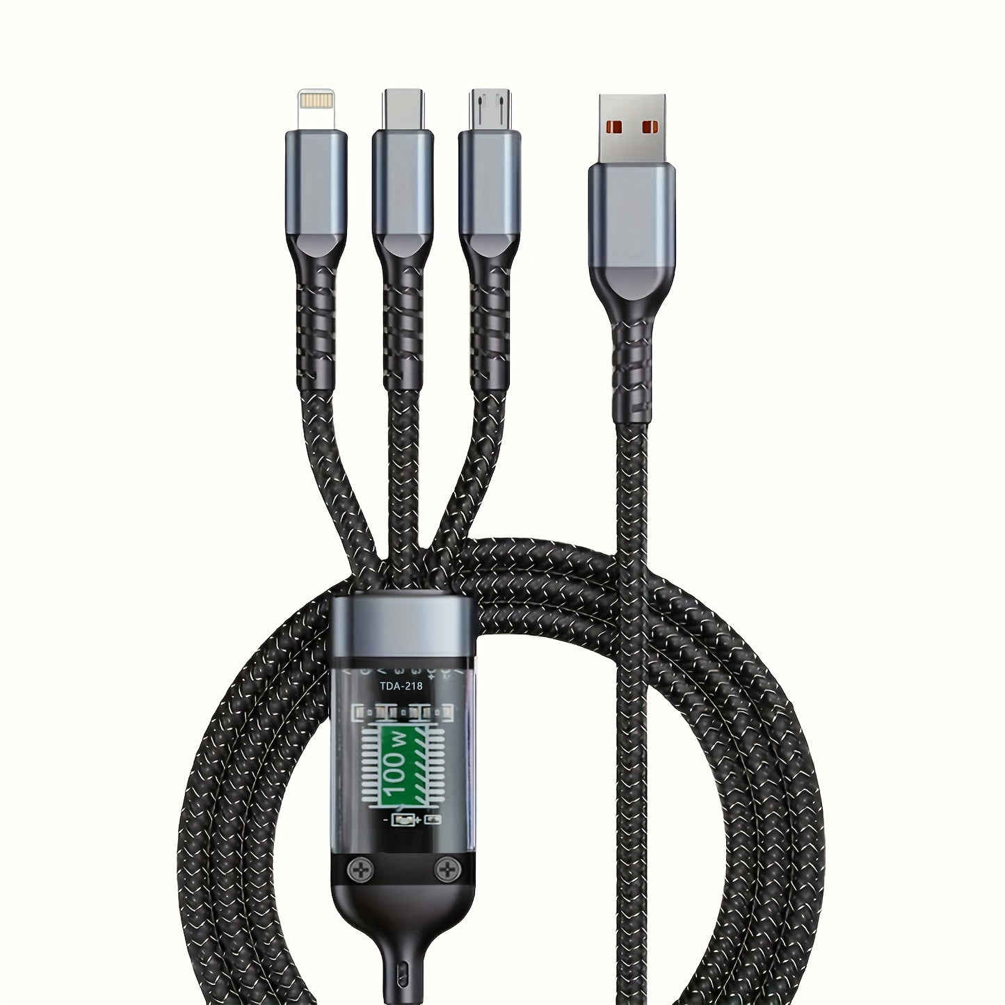 BINBOOM 3-in-1 Fast Charging USB Cable with LED Display, Nylon Braided, compatible with iPhone 14/13/12/11 and other cell phones.