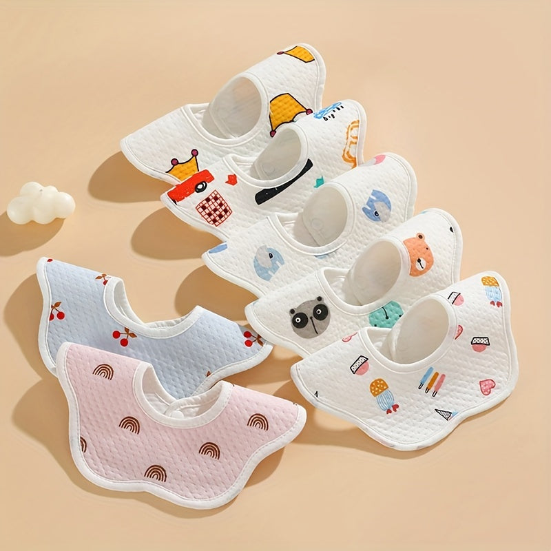 Three pieces of cotton bibs with a waterproof knitted petal design, featuring double hidden buttons for secure closure. These bibs are soft, absorbent, and perfect for keeping your little one clean during mealtime.