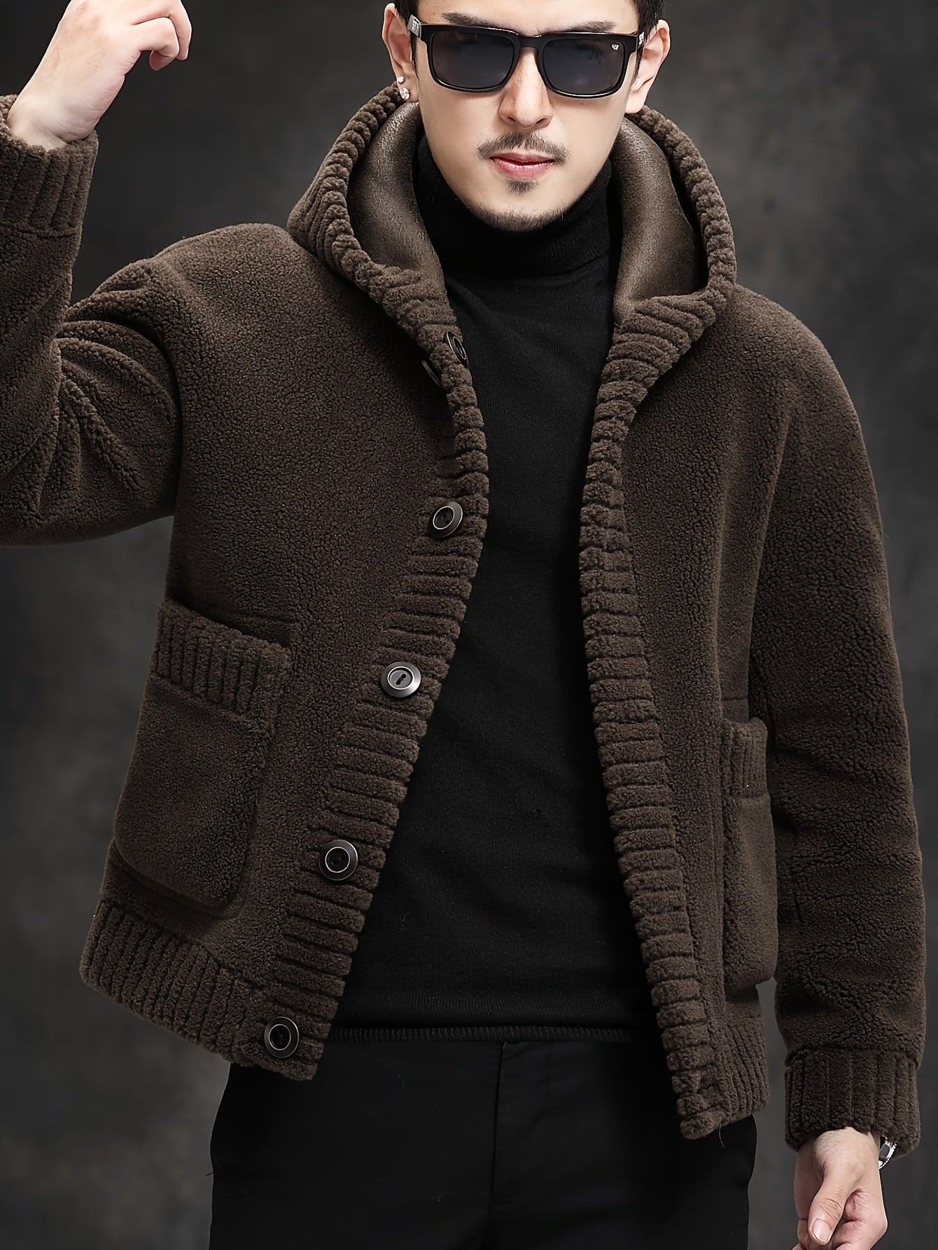 Men's faux fur hooded jacket with drop shoulder sleeves, windproof and warm, solid color, button closure.