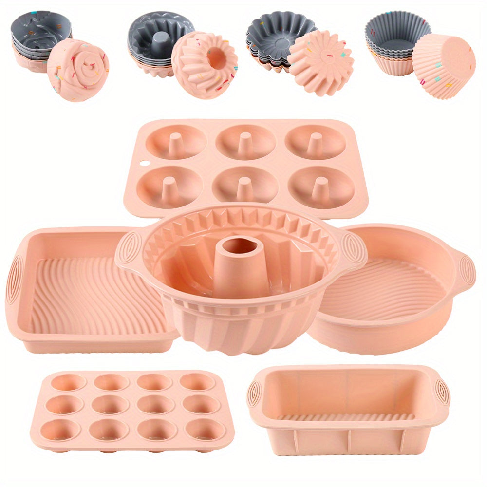 A 30-piece silicone kitchen baking supplies set includes nonstick silicone bakeware such as a baking pan, cake molds, baking sheet, donut pan, muffin pan, and cake pan, as well as a 24-pack of silicone cupcake mold baking cups.