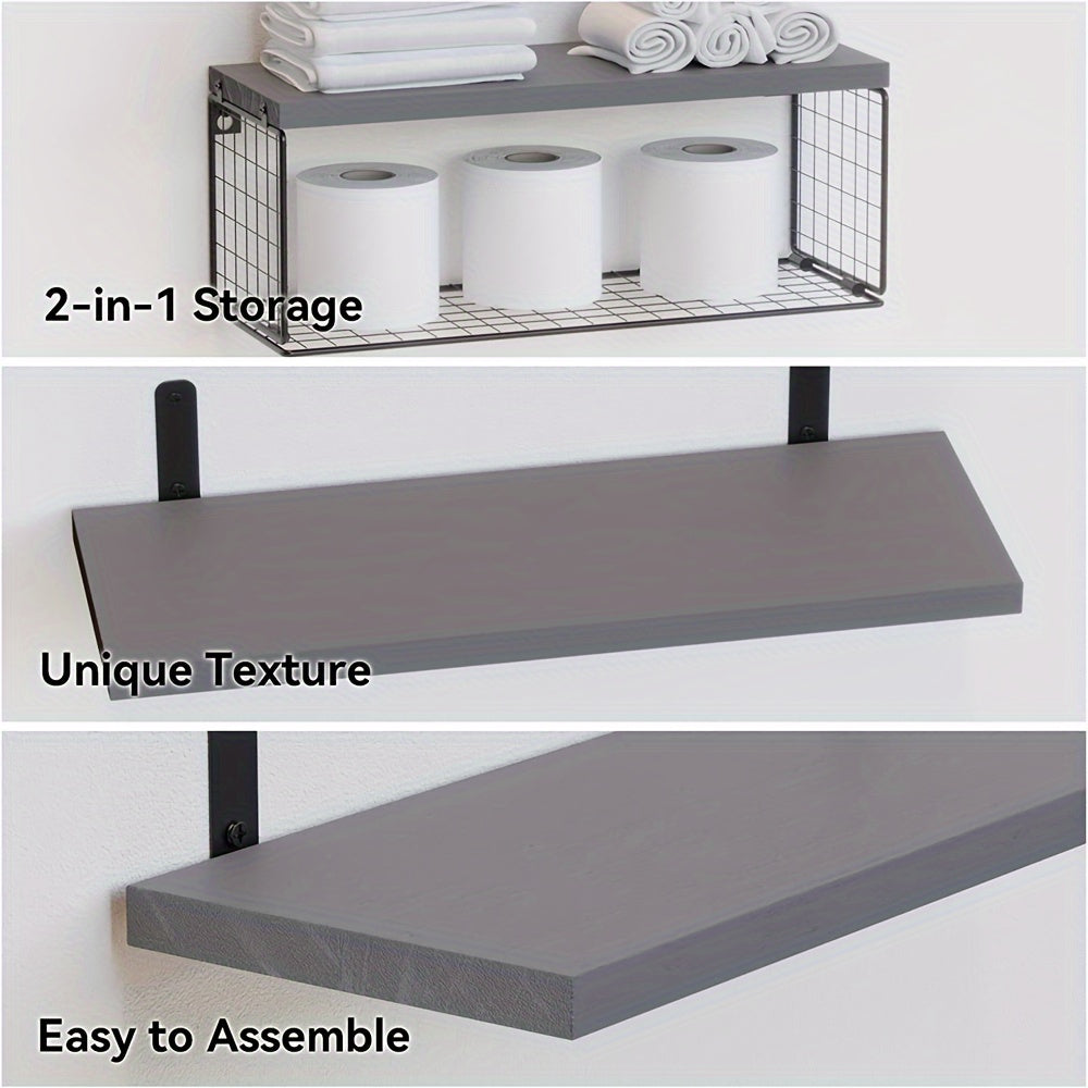 4 Chic Carbon Black Floating Bathroom Shelves with Storage Basket - Easy to Install, Space-Saving Design - Ideal for Stylish Wall Decor & Organizing Essentials, Bathroom Storage