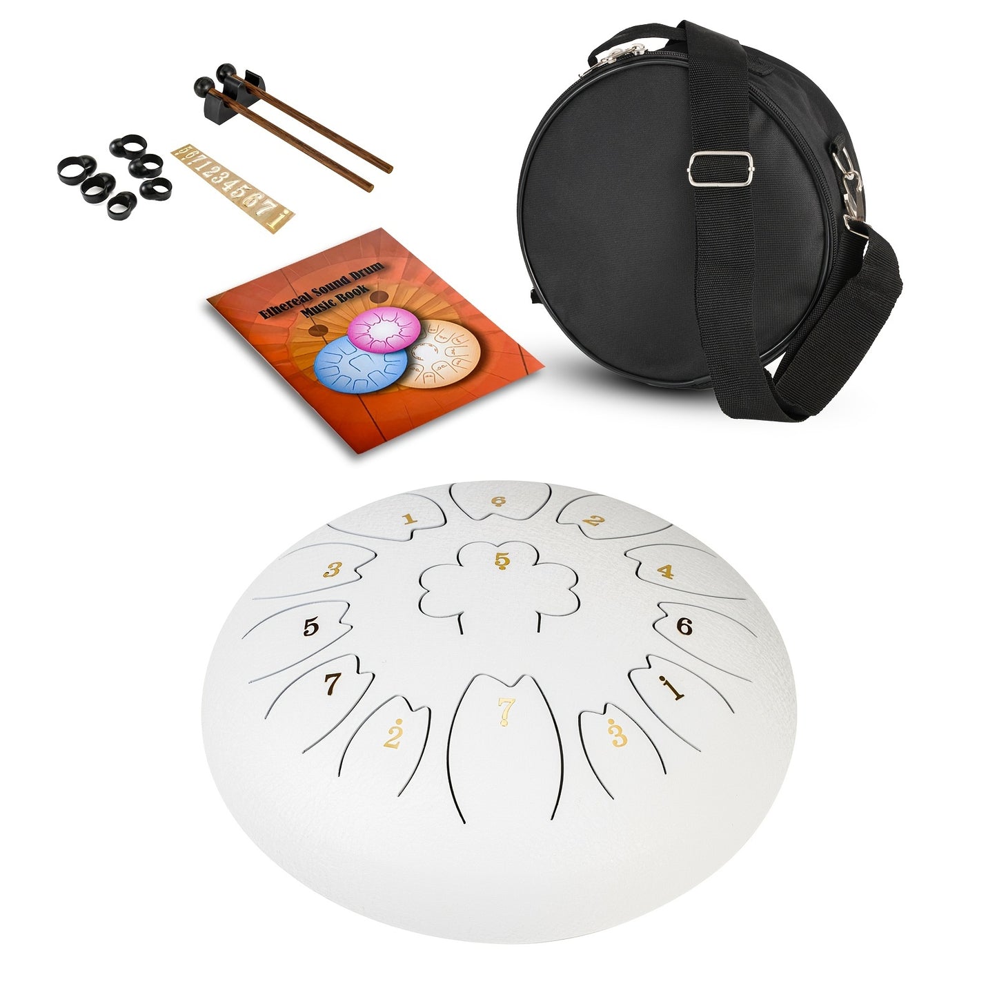 30.48 cm 13-note steel tongue drum in C key, petal shape, with drum mallets, carry bag, and music book. Ideal for music concerts, spiritual healing, yoga meditation, and Eid Al-Adha Mubarak.