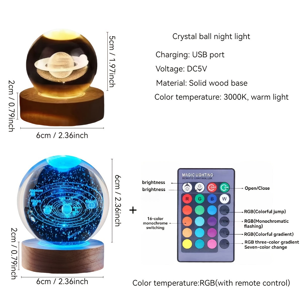 USB-powered crystal ball night light with wooden base, LED tabletop lamp for bedroom, energy efficient uplight with countertop mounting, accessory included, no battery needed.