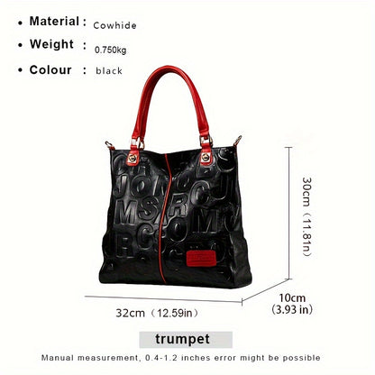 Luxurious red cowhide tote bag for women with geometric pattern, zip closure, polyester lining, and genuine leather material.