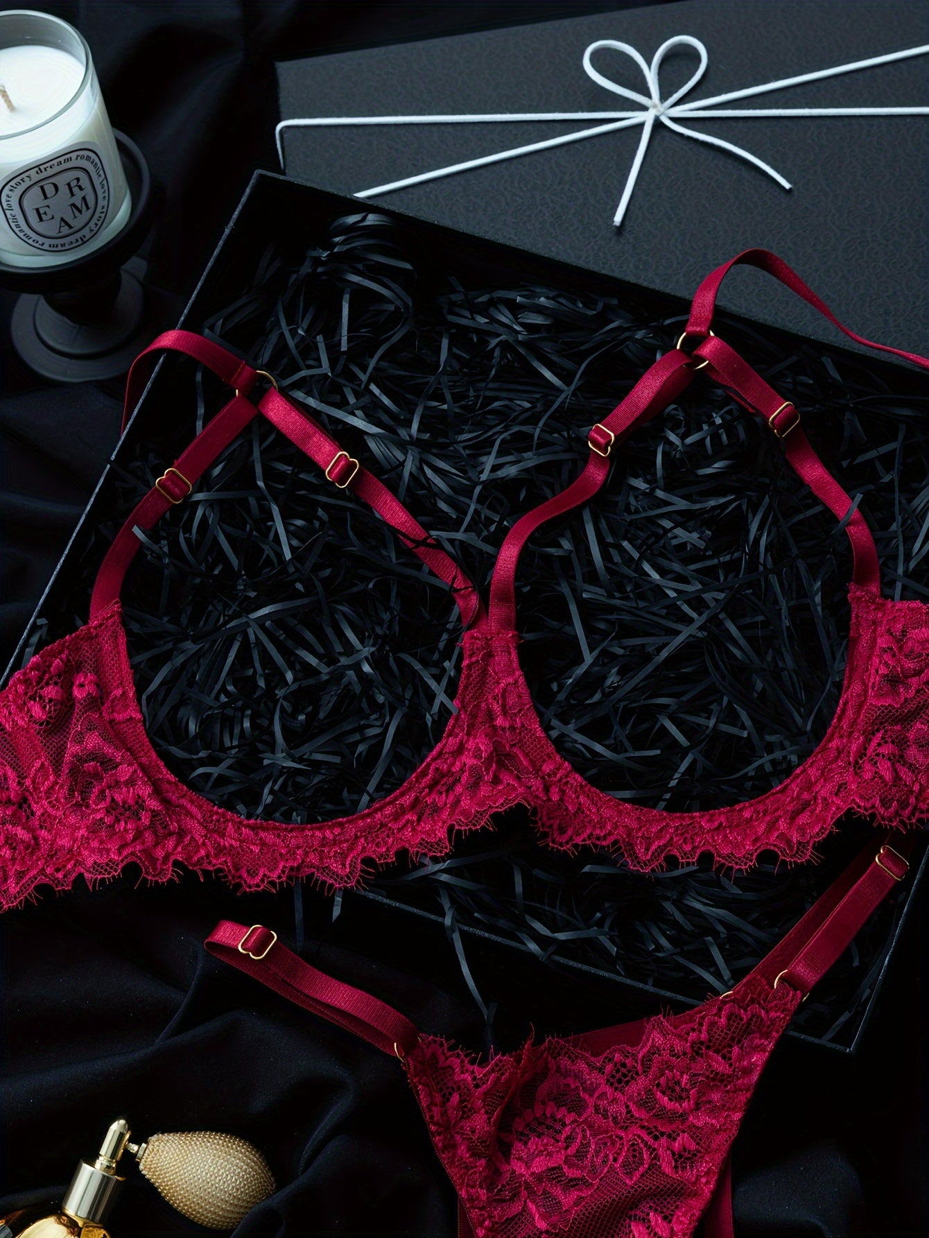 Red lace lingerie set with hollowed out model cup design