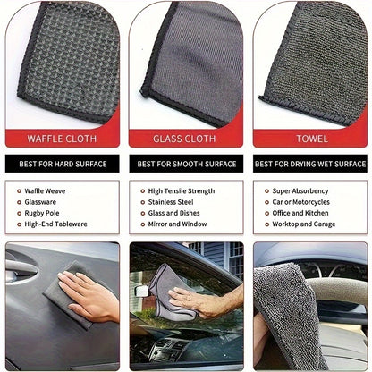 9-Piece car wash set includes microfiber cloths, applicator pads, and wheel brush. Scratch-free and suitable for hard, smooth, and wet surfaces.