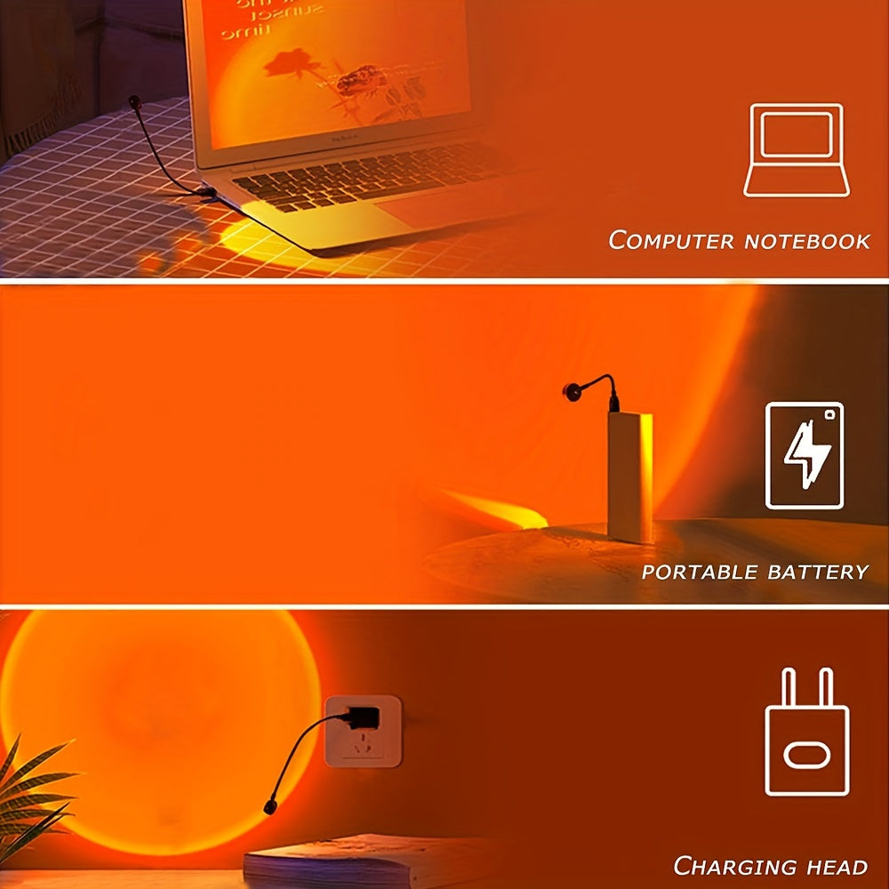 360° Rotating Sunset Projection LED Night Light with USB power, orange lamp with acrylic shade for home decor, bedroom ambiance, party photography, and coastal-themed spaces. Cozy and