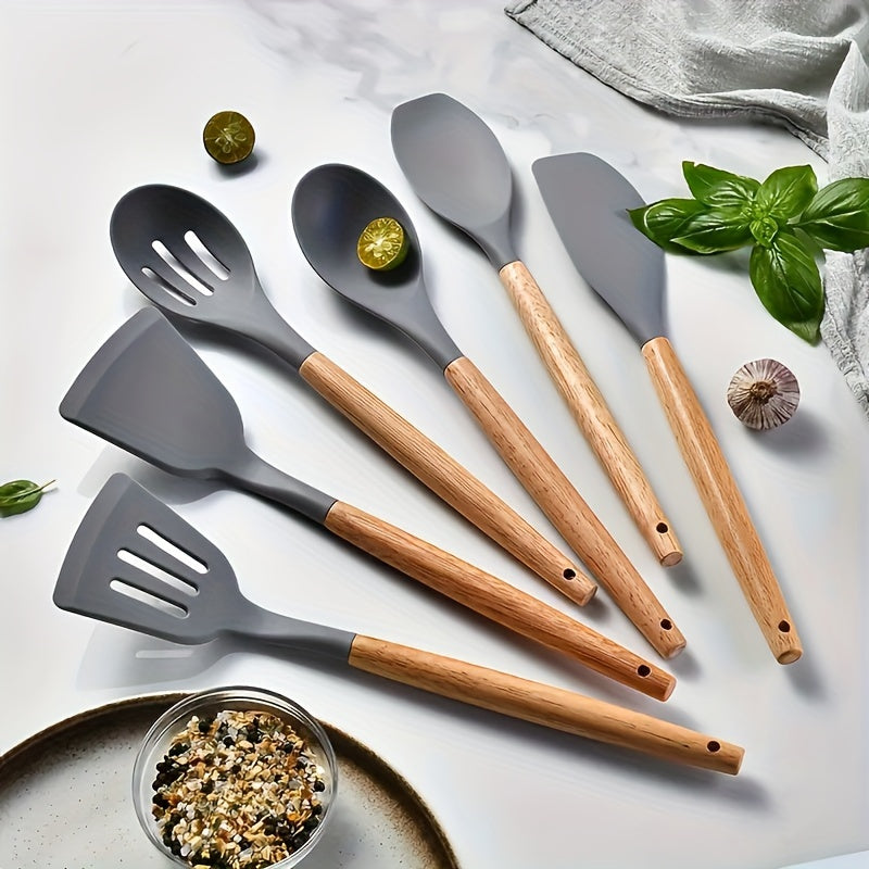 Premium Silicone Kitchen Utensil Set with Wooden Handles - Includes 6 essential pieces: Turner, Spoon, Spatula, Brush, and Whisk. Heat Resistant and Non-Stick Cookware Safe, BPA-Free.