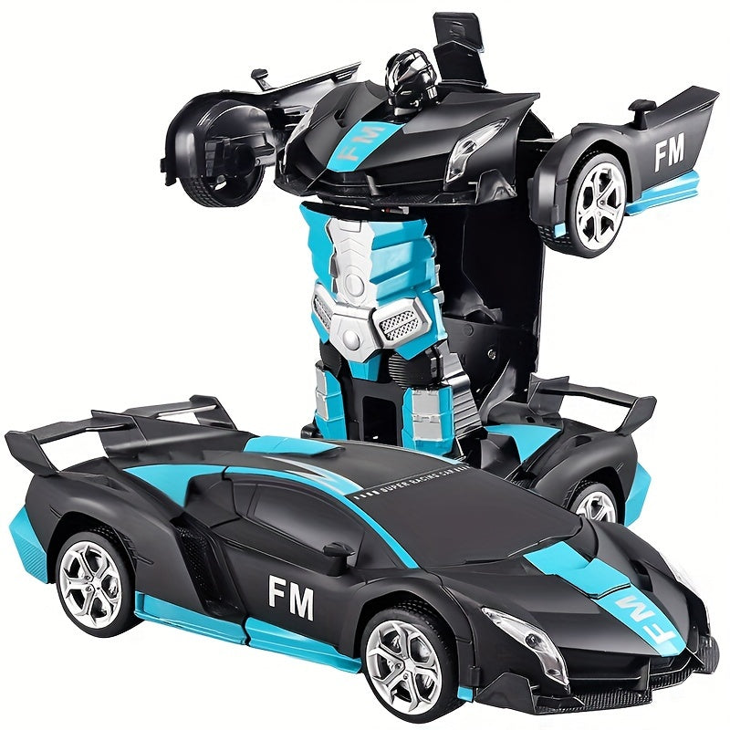 Remote control car transforms into robot, drifts 360°, with dynamic lights and USB rechargeable battery. Black and blue sports car design, great for outdoor play. Ideal birthday or holiday