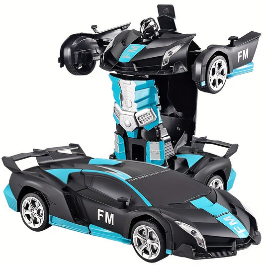 Remote control car transforms into robot, drifts 360°, with dynamic lights and USB rechargeable battery. Black and blue sports car design, great for outdoor play. Ideal birthday or holiday