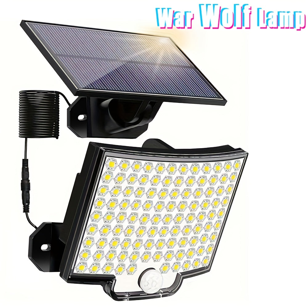 Solar wall light with 106 LED, motion sensor, adjustable angle, and 279.4cm cable for yard and garden.