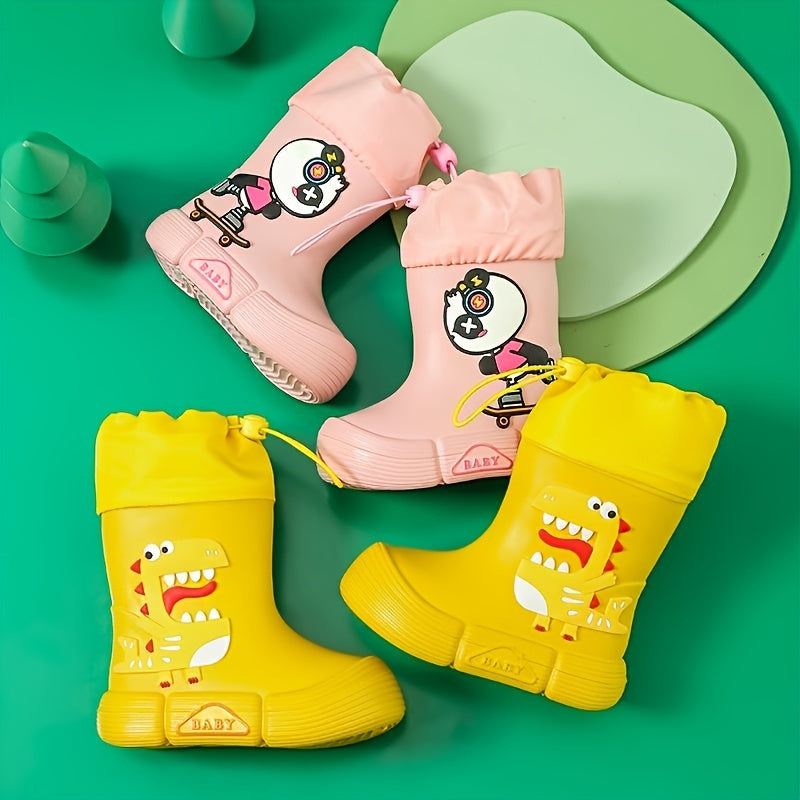 Children's waterproof rain boots featuring adorable cartoon dinosaur and panda designs, with soft, anti-slip soles for both boys and girls.