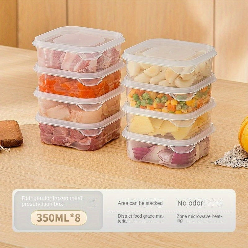 4 clear food storage boxes with locking lids, multifunction food containers for baking supplies, fruits, vegetables, and household organization in the refrigerator.