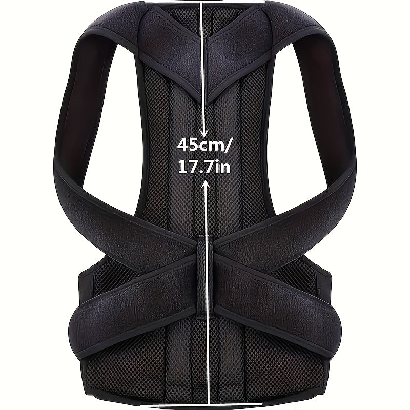 Unisex posture corrector back brace made of knit fabric, neoprene, polyester, and nylon. Adjustable waist protector for spine alignment with breathable design for year-round use.