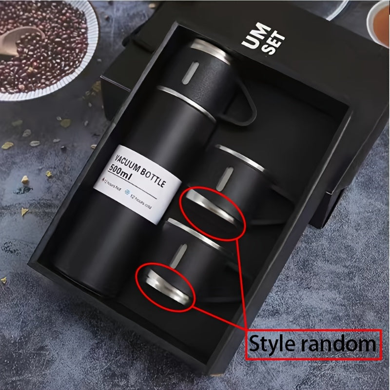 Stainless steel thermal mug set for hot and cold beverages, perfect for business and school use.