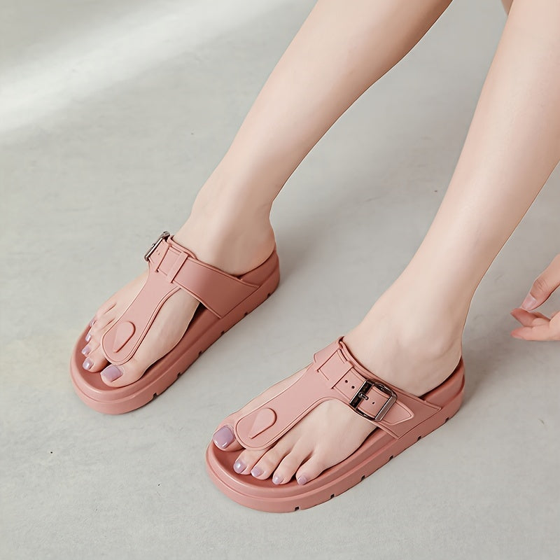 Comfortable Solid Color Flip Flops for Women, Casual Clip Toe Summer Shoes with Buckle Strap Detail