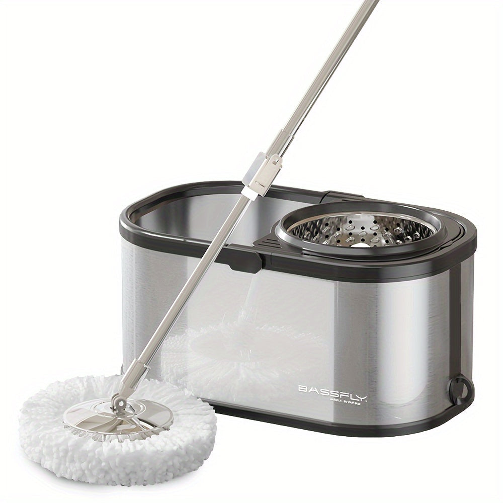 Household Spin Mop and Bucket Set with 2 Mop Pads, Rotating Floor Mop, Hands-Free Stainless Steel Mop for Dust Removal, Dry and Wet Use, Ideal for Home, Kitchen, and Bathroom Floor Cleaning Supplies