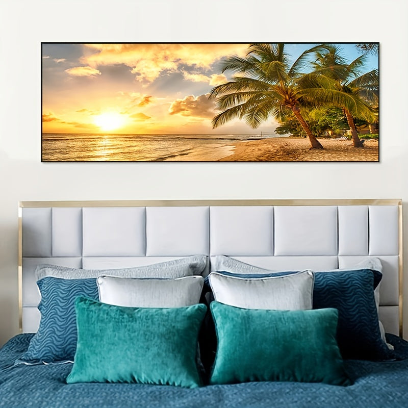 Large Modern Ocean View Coastal Canvas Painting featuring a palm tree, ocean, and sunset. Perfect for decorating a living room. Frame not included.