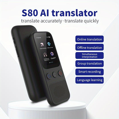 Two-way language translator with 138 language support, offline accuracy and recording, and a 5.08cm HD touch screen for travel, business, and study.