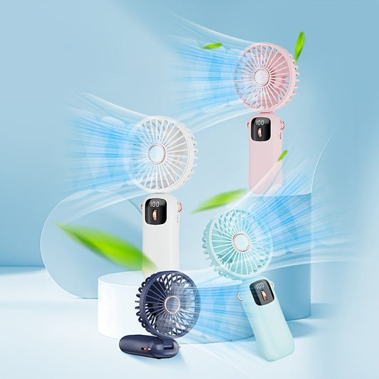 Handheld Fan with Phone Holder, Portable LED Display, Foldable Design, Adjustable Speeds, Rechargeable Battery, 90° Wind Angle, Cord Included, Suitable for Indoor & Outdoor Use, Made of Durable Plastic