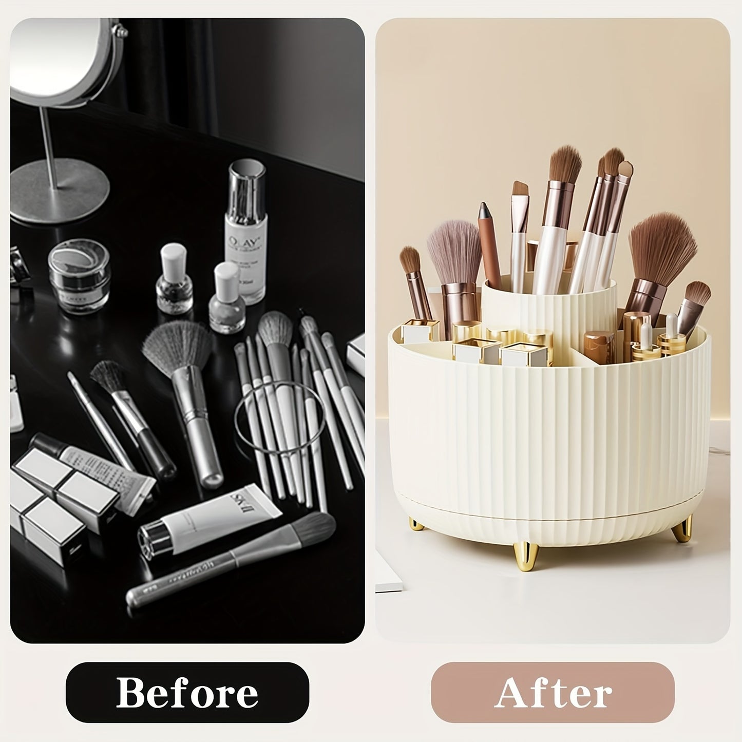 Luxury Stripe Design Makeup Organizer with 360° Rotation and 5 Compartments.