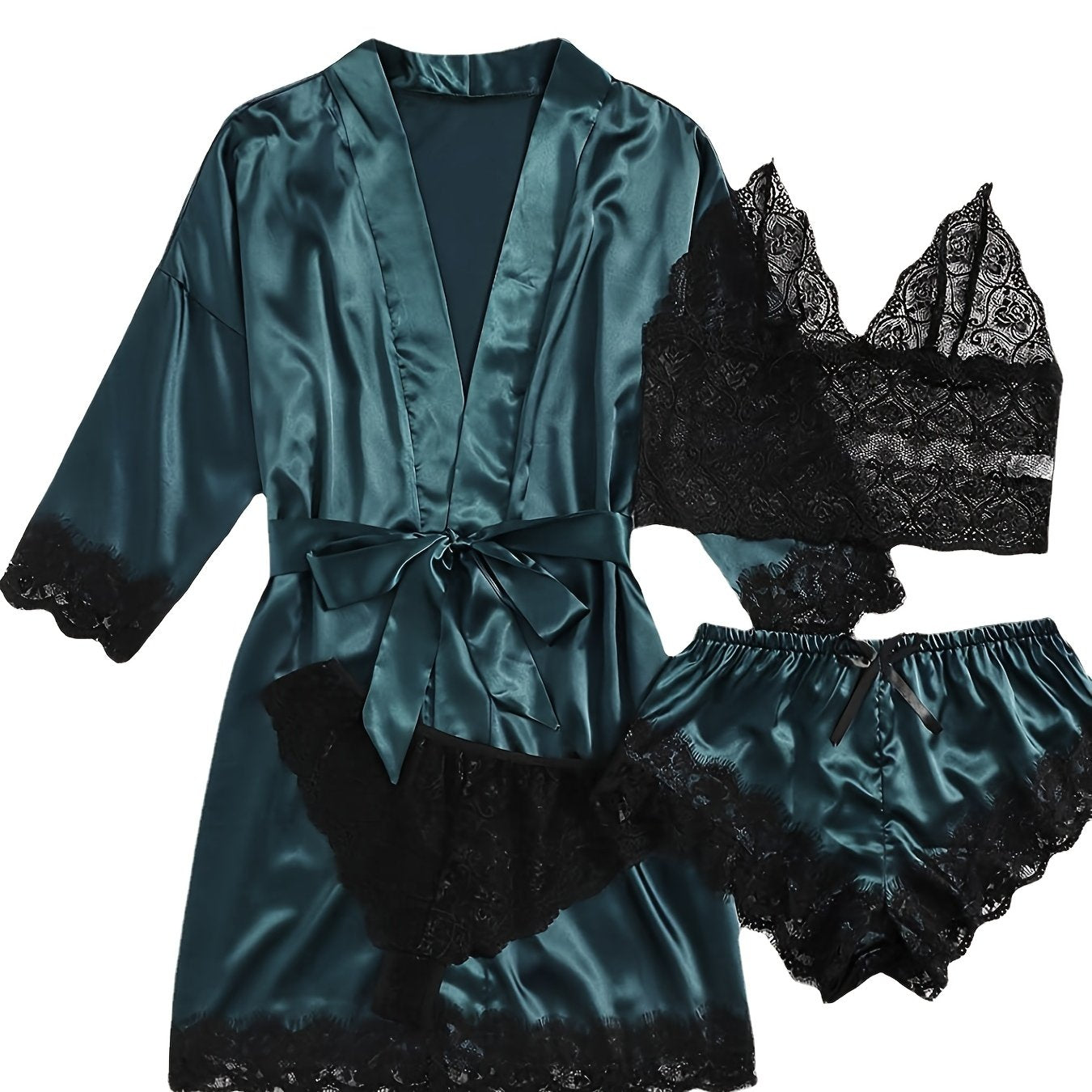 5-piece satin pajama set for women with lace detail, polyester sleepwear with belt, adult bedroom wear in multi-color