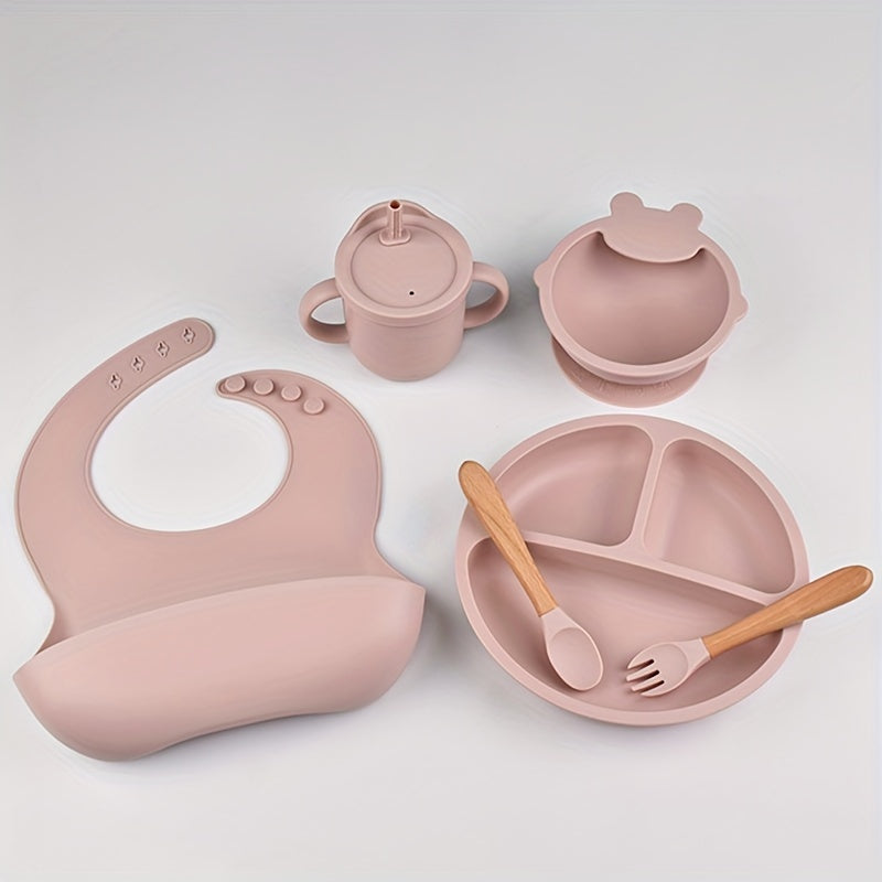 Ideal gift for holidays - Non-toxic silicone feeding set for toddlers aged 0 to 3 years, includes suction plate, bowl, divided dish, cup with straw, bib, and utensils, ensuring a safe and enjoyable mealtime for children.