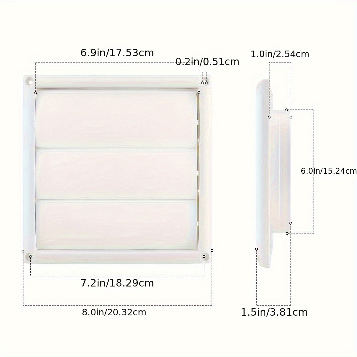 White dryer vent cover with screen for exterior wall vent hood outlet airflow, 10.16cm x 15.24cm in size. Includes 4 screws for easy installation.