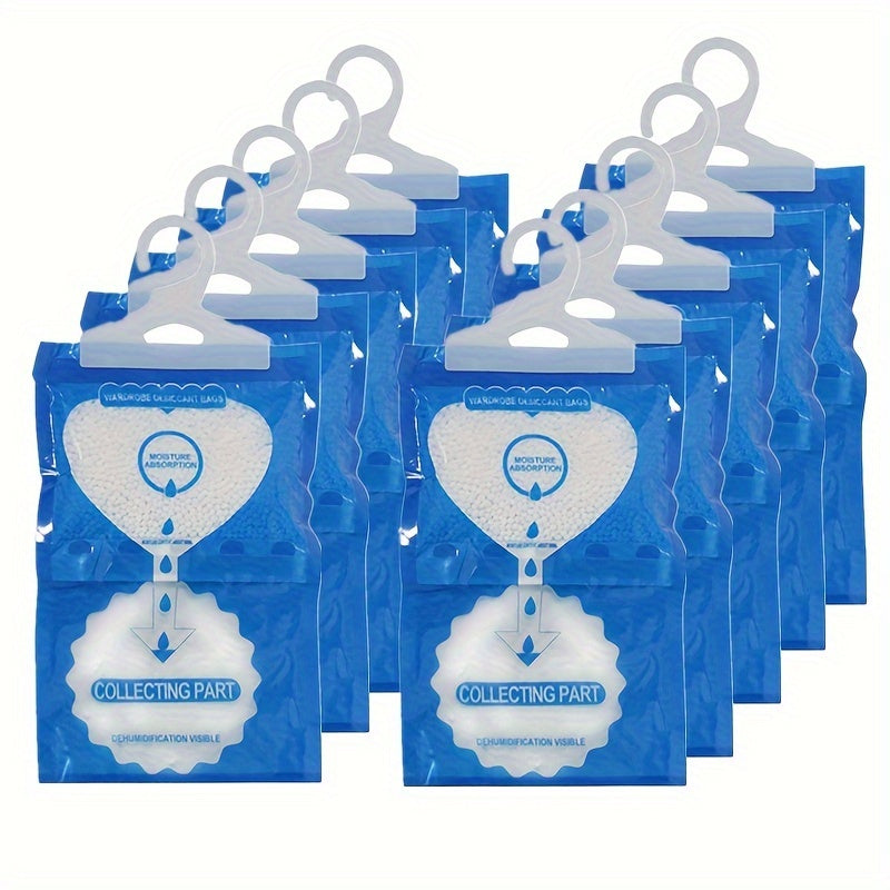 10 odorless hanging dehumidifier bags for closets and bedrooms, each containing 100g.