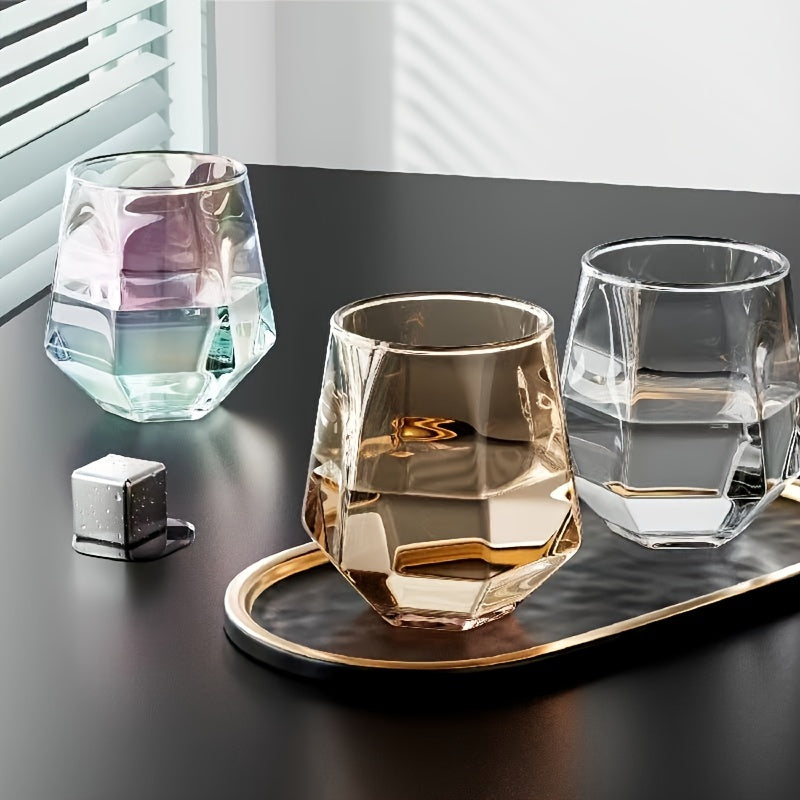 Set of 6 geometric glass cups suitable for water, whisky, juice, milk, tea and more. Perfect for all seasons.