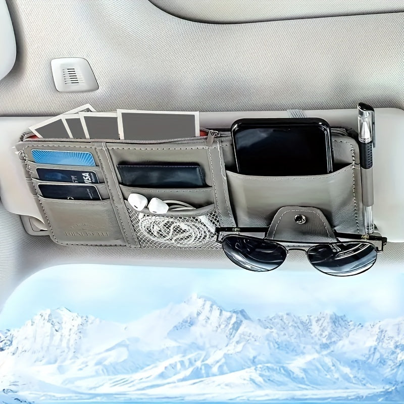 Car sun visor storage box with multiple functions: sunglasses organizer, card pouch, interior accessory.