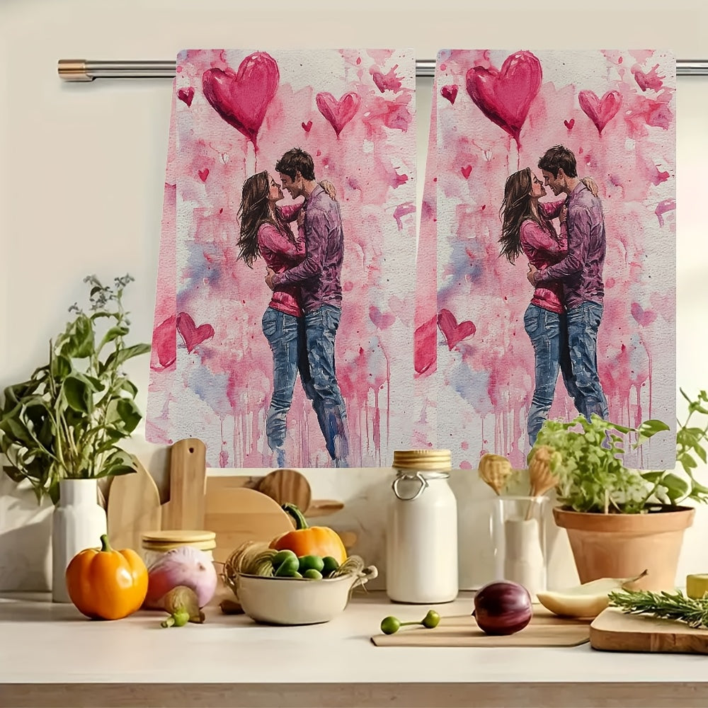 Set of 2 Valentine's Day Kitchen Towels for Lovers, Modern Coastal Design, Highly Absorbent Polyester Fabric, Easy to Clean in Washing Machine, Size 16x24 inches, Stylish Hand Towels for Holiday Decoration - SKU 2KYSYS1217571, Dish Towels Included