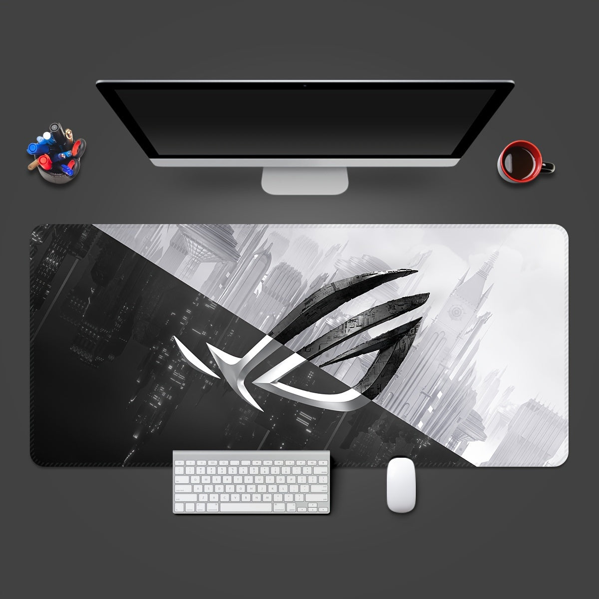 Large Asus gaming mouse pad with precision lock edges and non-slip rubber for comfortable gaming.