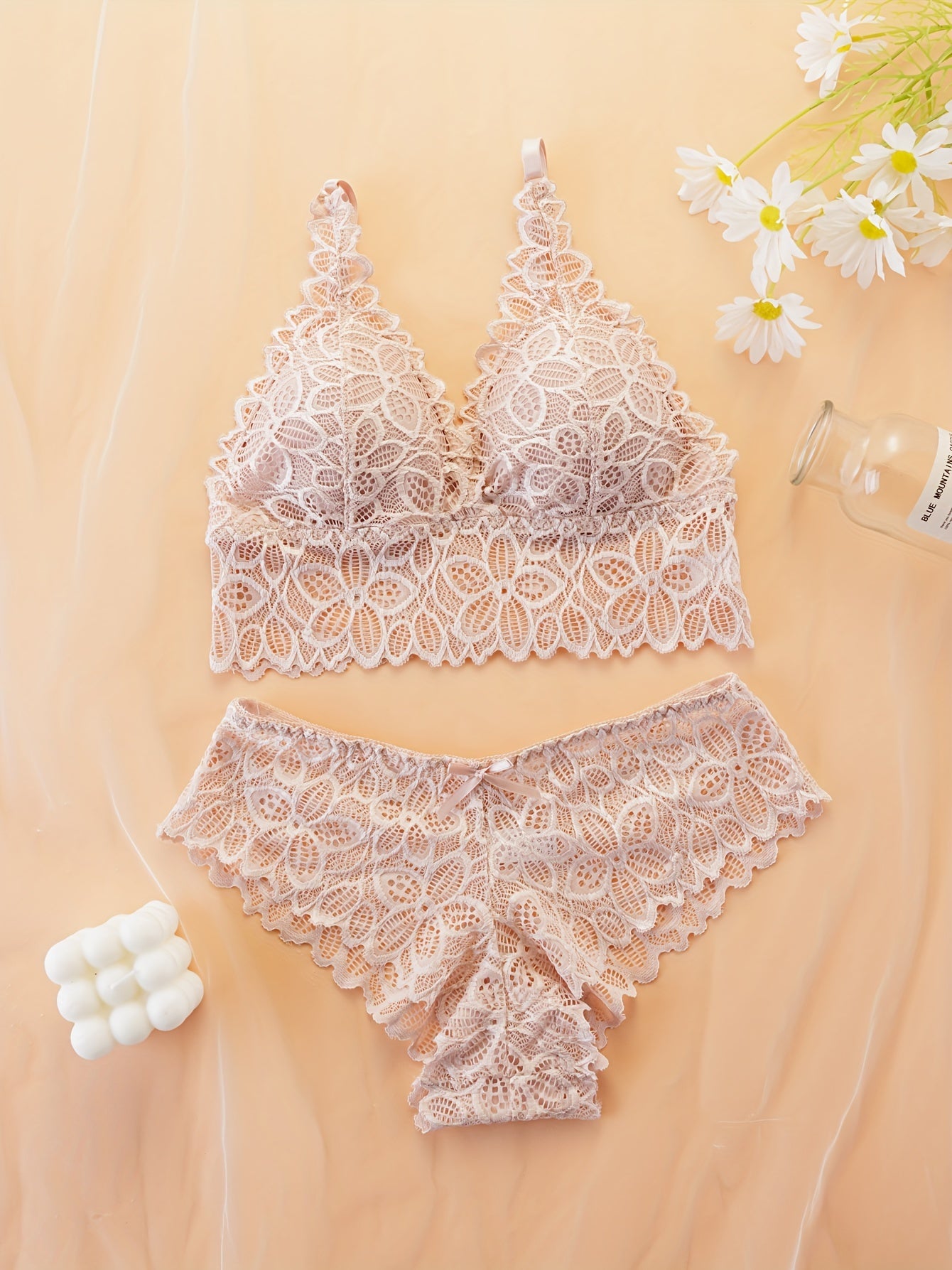 3-piece floral lace lingerie set with wireless bra and thong panties