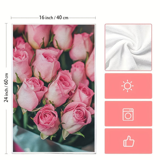 This set includes two ultra-soft kitchen towels with a charming Valentine's Day pink roses design. The towels are highly absorbent and perfect for drying dishes. They also make a great holiday decoration. The towels are machine washable and measure