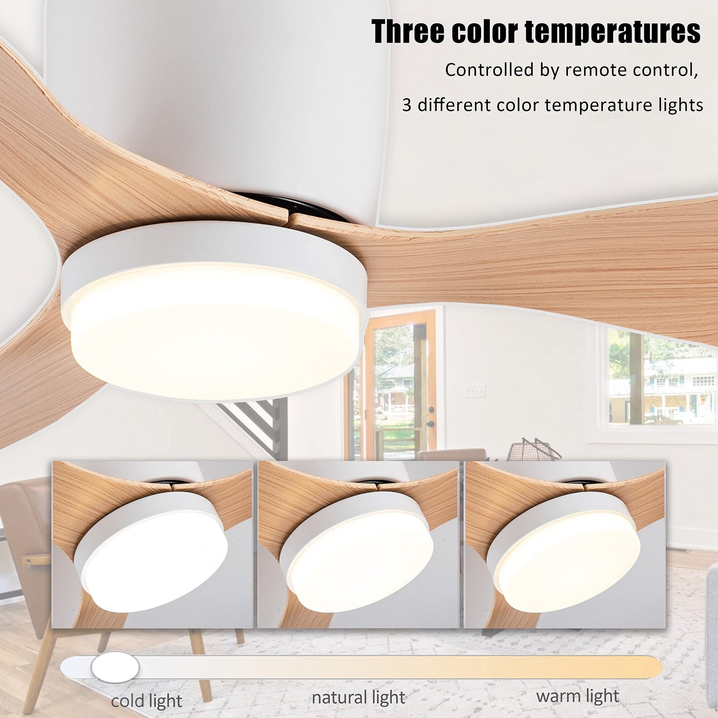 52/42 inch modern ceiling fan with LED lights, remote, adjustable color temperature, 6 wind speeds, 3 blades. For indoor use in living room, bedroom, dining room. Hardwired, 85V-265V. Model