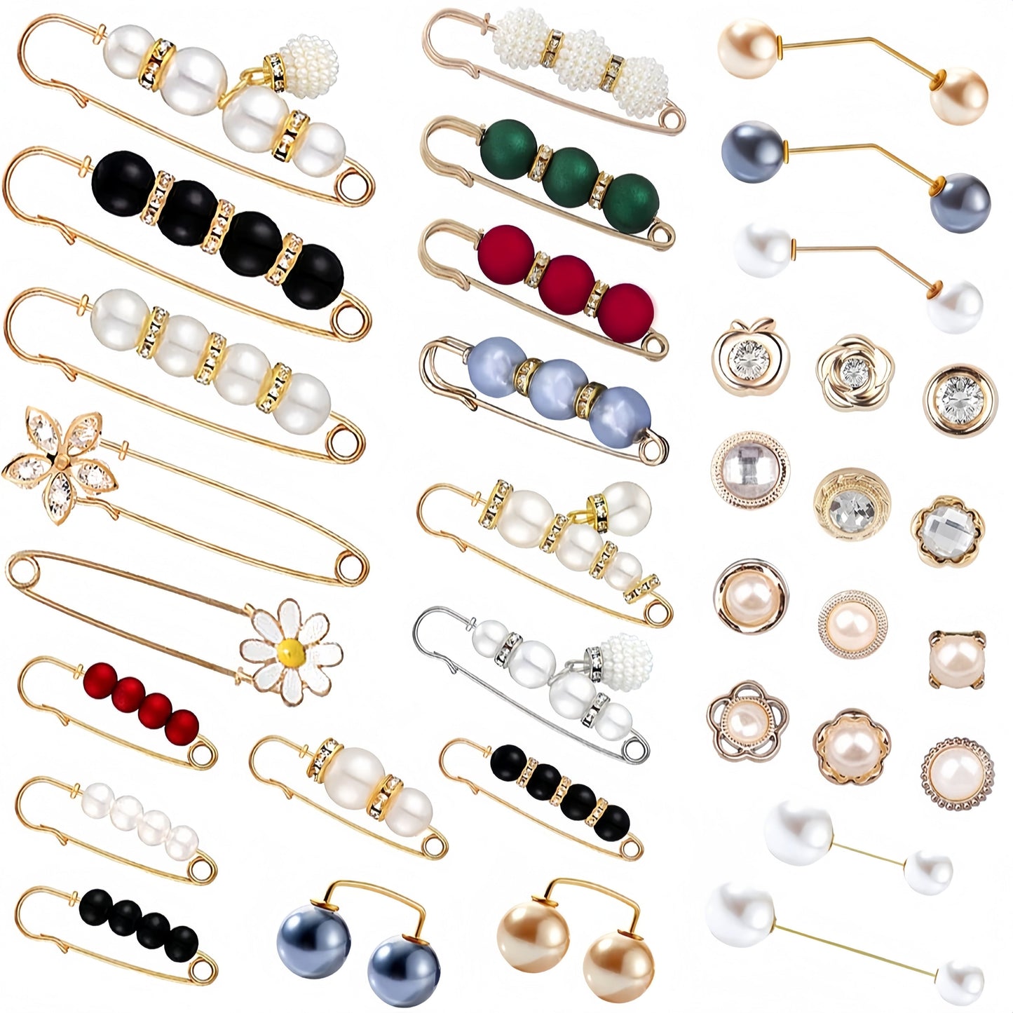 Set of 35 elegant alloy brooches featuring minimalist irregular shapes. Perfect for cinching the waist of jeans and dresses, these brooches also double as anti-exposure safety clips and clothing fasteners. Versatile lapel pins that can be worn as