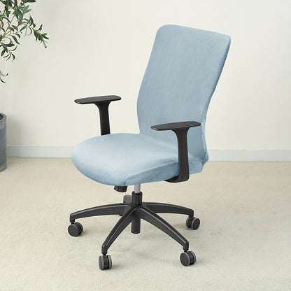 Soft velvet office chair cover with elastic stretch and slip-resistant grip, suitable for home, hotel, and office use. Made of a polyester and spandex blend, machine washable.